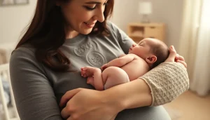 A gentle, close-up, lifestyle shot of a mother securely holding her one-month-old baby.