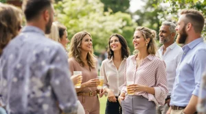 A diverse group of smiling colleagues in their thirties and forties, dressed in stylish smart casual outfits, enjoying a relaxed conversation at an outdoor company event.