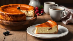 Kawałek sernika na talerzu obok filiżanki kawy, co pokazuje, czy sernik jest zdrowy i jak można go podawać.