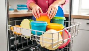 Kobieta układa kolorowe pojemniki na górnej półce zmywarki, co pokazuje, jak bezpiecznie myć Tupperware w zmywarce, by uniknąć ich zniszczenia.