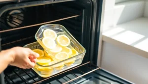 Naturalne czyszczenie piekarnika cytryną. Naczynie z wodą i cytryną wstawiane do piekarnika w celu odświeżenia.