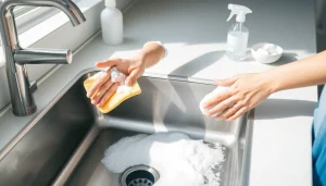 Kompleksowe czyszczenie zlewu w kuchni – kobieta myje zlewozmywak, stosując uniwersalne i bezpieczne domowe środki, odpowiednie do różnych materiałów.