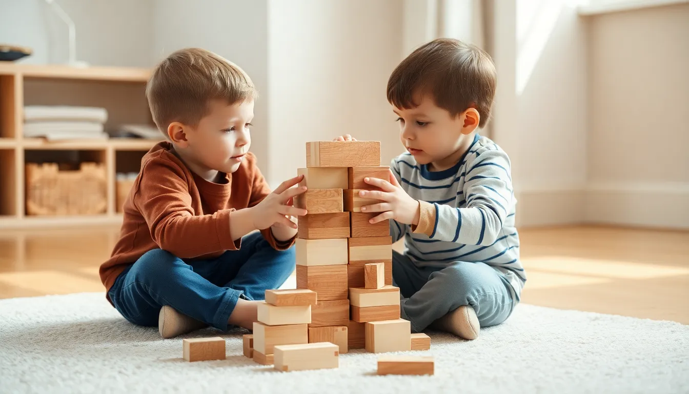 Dwóch chłopców bawi się klockami, co pokazuje, jak budować więź, gdy w domu jest dziecko po adopcji, a relacje z rodzeństwem są wyzwaniem.
