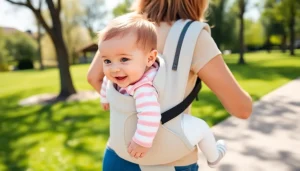 Prawidłowy sposób, jak nosić półroczne dziecko na biodrze, zapewniając mu ergonomiczną i bezpieczną pozycję do obserwacji świata.