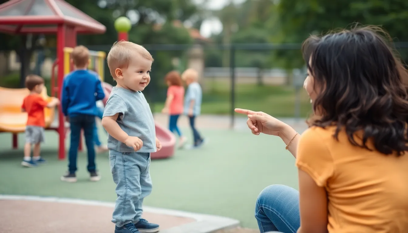 Mama rozmawia z nieśmiałym synkiem na placu zabaw, co pokazuje, jak pomóc dziecku w relacjach z rówieśnikami i dodać mu odwagi do wspólnej zabawy.