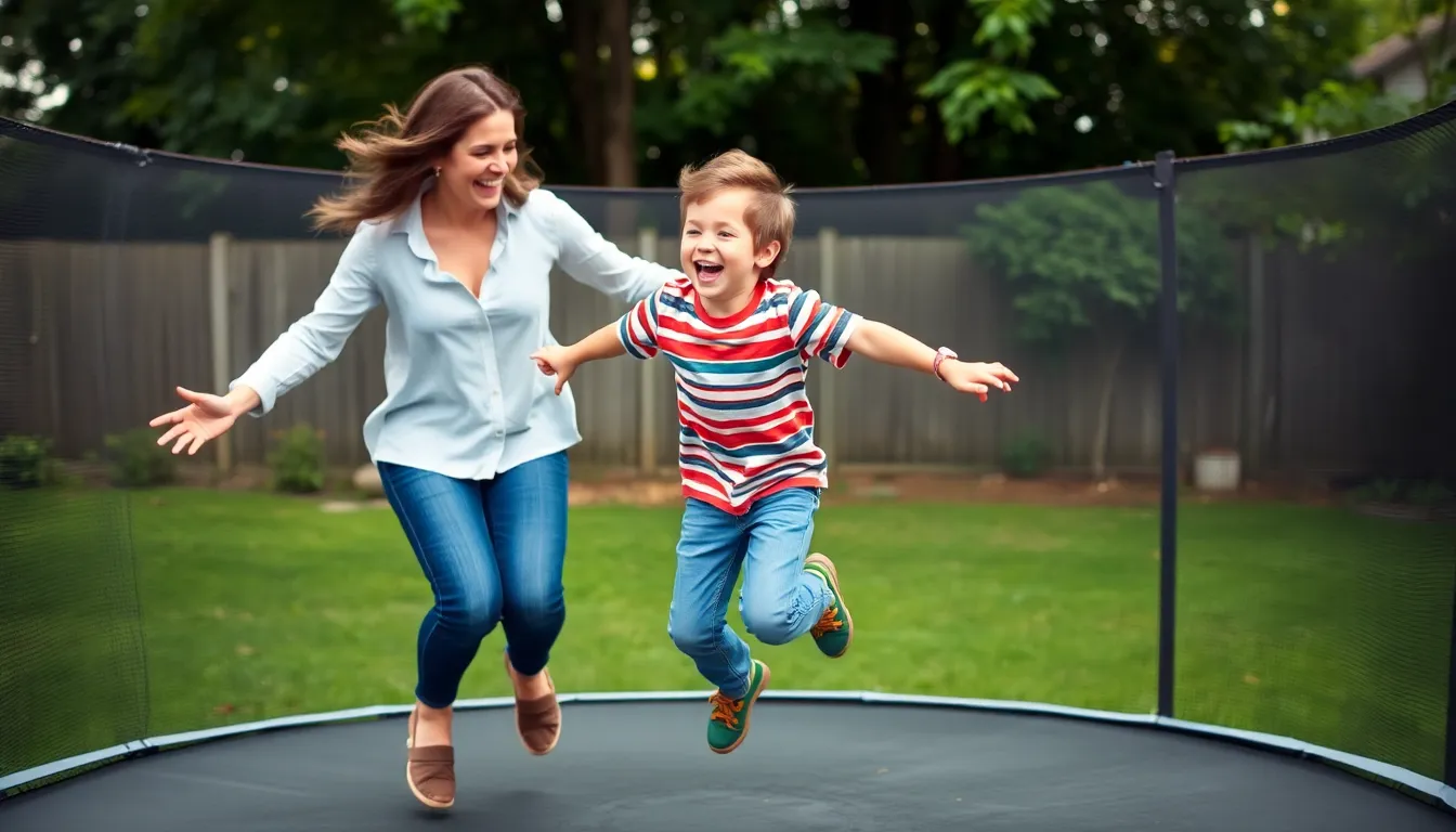 Mama i syn skaczą radośnie na trampolinie, co pokazuje, jak budować pozytywne relacje z dzieckiem z ADHD poprzez akceptację jego energii.