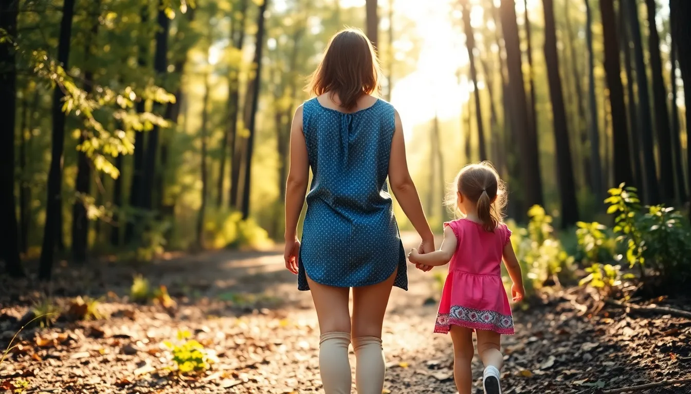 Mama i córka trzymają się za ręce idąc przez las, co symbolizuje siłę relacji z dzieckiem, która jest ważniejsza niż tradycyjne wychowanie.