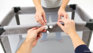Mechanizm składania boków w łóżeczku turystycznym Lionelo z przyciskami pod materiałem.