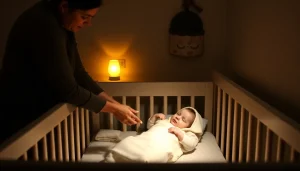 Mama odkłada śpiące niemowlę do bezpiecznego łóżeczka w przytulnym pokoju.
