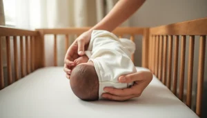 Mama delikatnie odkłada noworodka do łóżeczka stosując technikę najpierw pupa potem głowa.