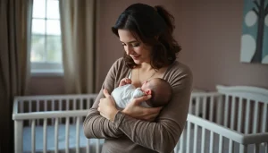 Mama tuląca noworodka który nie chce spać w łóżeczku w przytulnej sypialni.